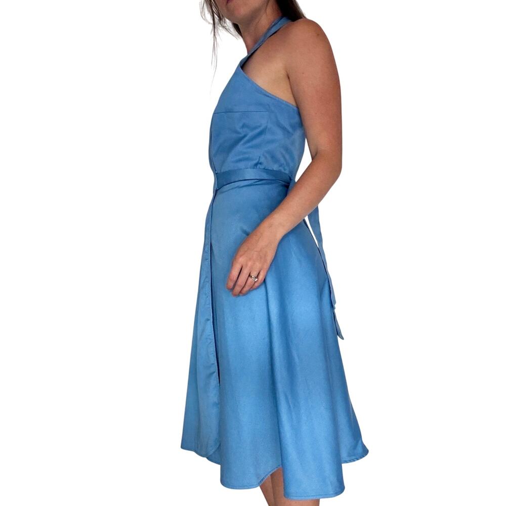 Vintage 1970s Wrap Dress Ellen Tracy Bonwit Teller Blue Cotton Fit & Flare - Picture 5 of 13